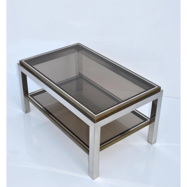 Metal Signed Willy Rizzo Two-Tier Chrome & Brass Coffee Table Smoked Glass Italy 60s For Sale - Image 7 of 9