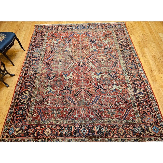 Antique Persian Heriz Serapi Rug, Hand-Knotted Wool, All-Over Geometric Pattern, Brick & Navy, 8x9 For Sale In Chicago - Image 6 of 15