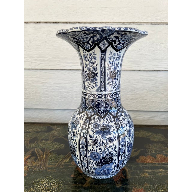 English Vintage Large Delft Trumpet Vase Blue and White Floral Boch Royal Sphinx Urn For Sale - Image 3 of 18