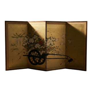 Vintage Japanese 4-Panel Byobu Flower Cart Hand Signed Painted Folding Screen For Sale