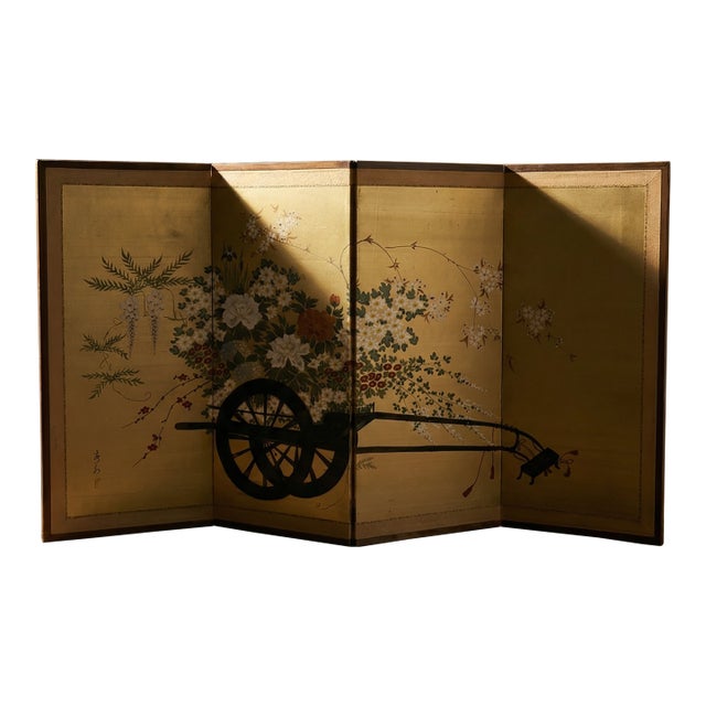 Vintage Japanese 4-Panel Byobu Flower Cart Hand Signed Painted Folding Screen For Sale