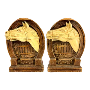 Vintage Horse Head Bookends in Rustic Wood and Resin With Horseshoe Design - a Pair