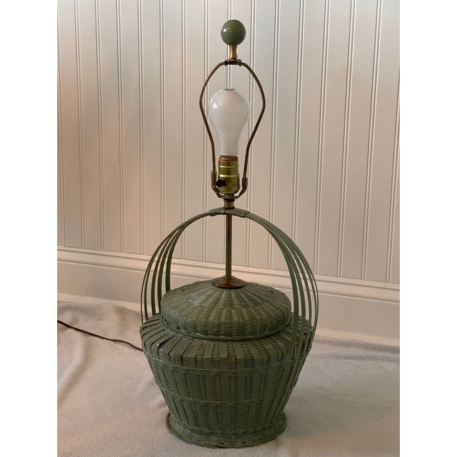 Vintage Painted Green Wicker Basket Style Table Lamp For Sale - Image 10 of 10