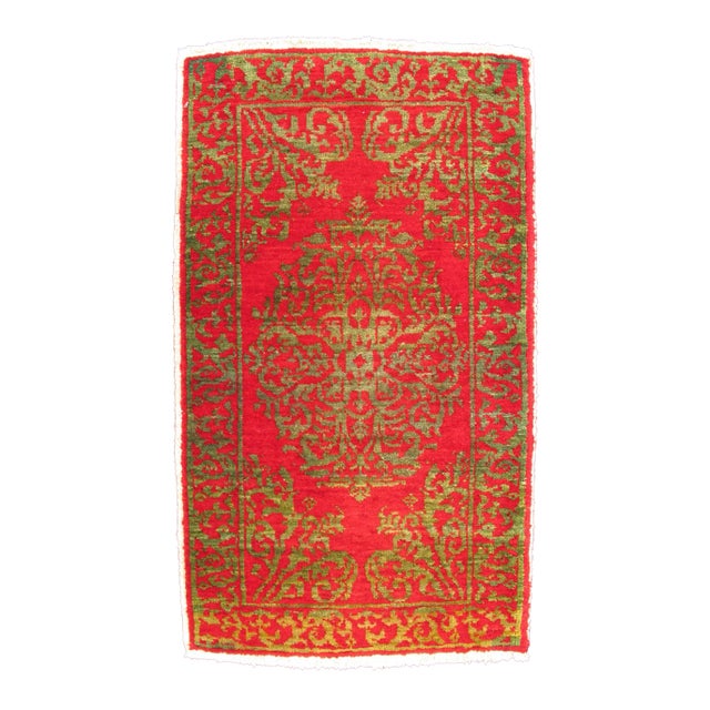 Antique Turkish Ottoman Rug With Floral Medallion in Red and Green For Sale