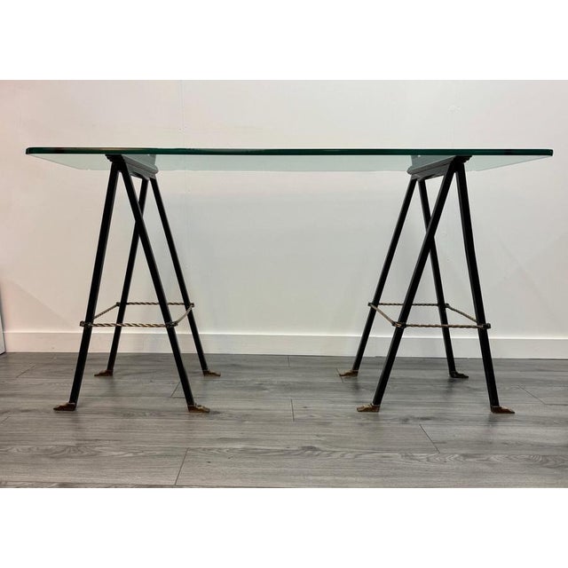 Iron and Brass Trestle Console with Glass Top, 1950s For Sale - Image 12 of 14