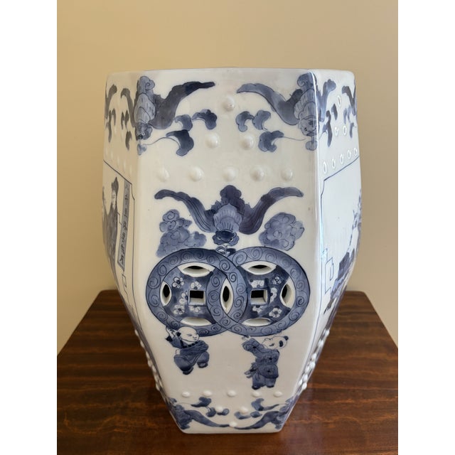 Blue and White Porcelain Chinoiserie Hexagonal Garden Stool or Side Table For Sale - Image 11 of 11