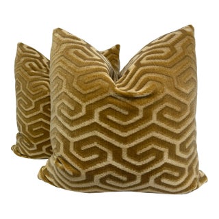 Ming Fret Embossed Velvet in Gold 22" Pillows-a Pair For Sale