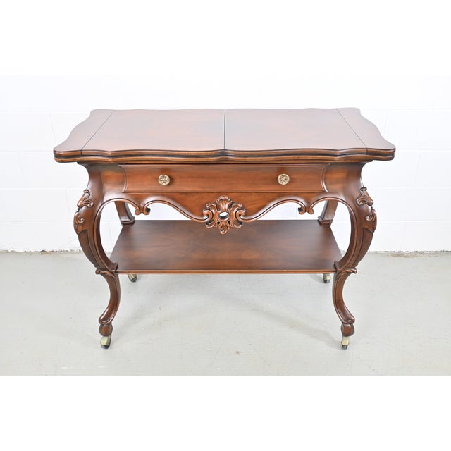 1980s Karges Furniture Louis XV French Provincial Flip Top Walnut Server For Sale - Image 5 of 13