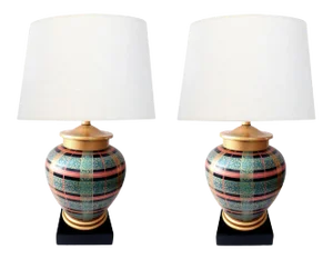 1980s Frederick Cooper Ovoid-Form Lamps With Plaid Decoration - a Pair