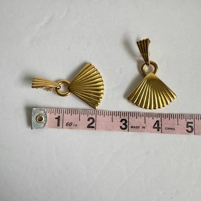 Gold Monet Gold Tone Fan Earrings Clip-on 90s Vintage Statement Drop Earrings For Sale - Image 8 of 9