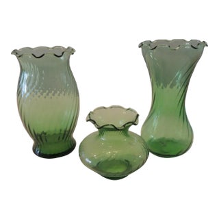 Green Bohemian Glass Vases - Set of 3 For Sale