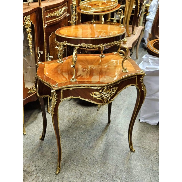 2020s French Louis XV Two-Tier Side Table – Marquetry Accent Table With Raised Upper Shelf & Gilt Bronze Mounts For Sale - Image 5 of 5