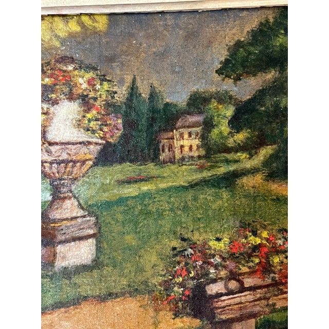 Antique French Chateau and Garden Landscape Painting Folk Art Frame Oil on Board For Sale - Image 14 of 15