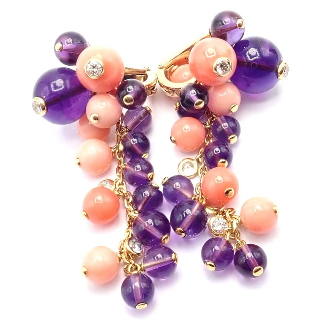 1980s Pair of Cartier Rose Gold Coral Amethyst Diamond Delices De Goa Earrings For Sale - Image 15 of 17