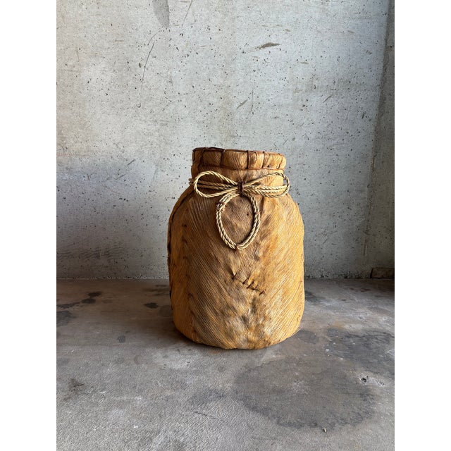 Folk Art Large Vintage Primitive Folk Art Basket Planter Hand-Woven Palm Bark For Sale - Image 3 of 6