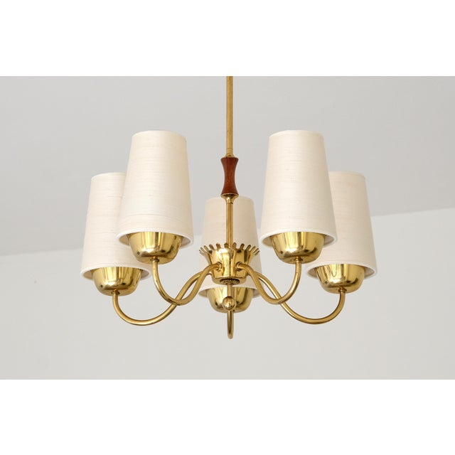 Brass 5-Arm Chandelier with Silk Shades from Asea Belysning, Sweden, 1950s For Sale - Image 10 of 12