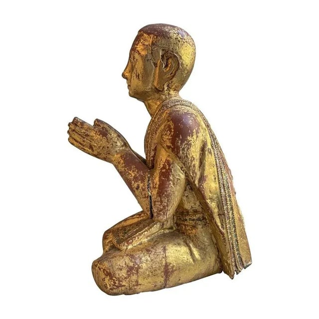 19th Century Burmese Gilded Kneeling Monk For Sale - Image 4 of 7