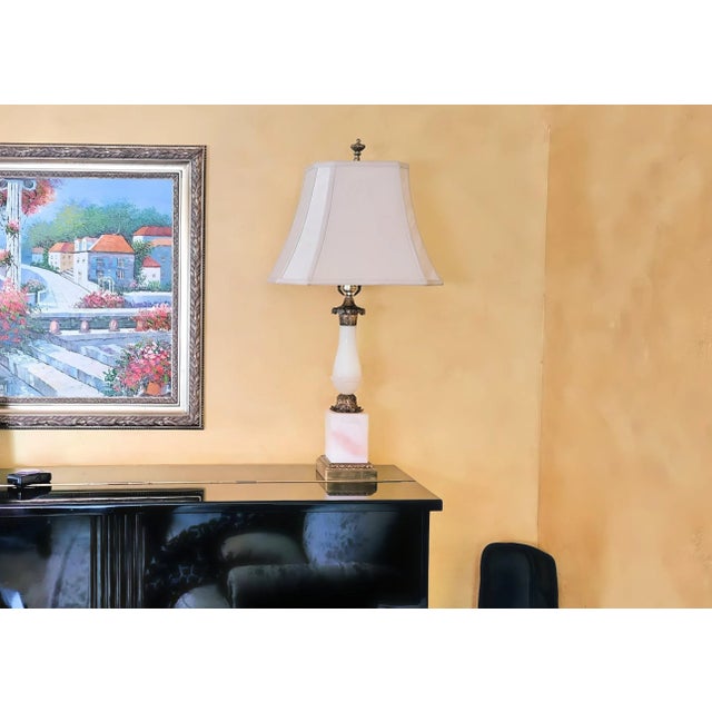 Mid-Century Art Deco Pink Alabaster, Marble and Brass Table Lamp With Shade For Sale - Image 12 of 12