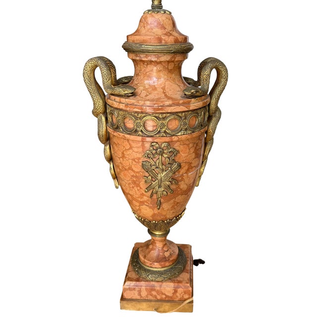 Early 19th Century Pair of Antique Bronze Mounted Sienna Marble Serpent Table Lamps For Sale - Image 5 of 5