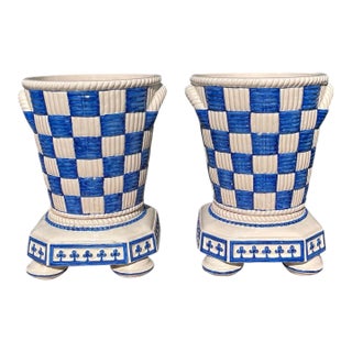 1980s Portuguese Large Ceramic Basket Weave Planters on Bun Feet - Set of 2 For Sale