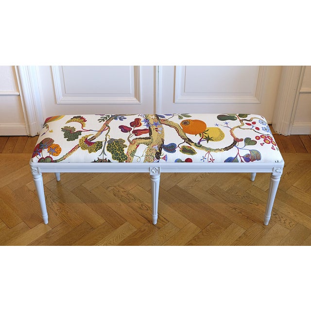 Beautiful Gustavian bench made in Sweden in 1960s. New padding and new thick linnen fabric `Vegetable Tree`by Josef Frank...