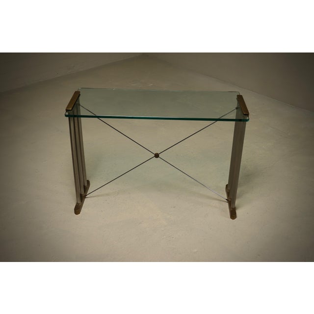 Mid-Century Modern Console Table with Brass Details and Glass Top by Peter Ghyczy, 1970s For Sale - Image 3 of 15