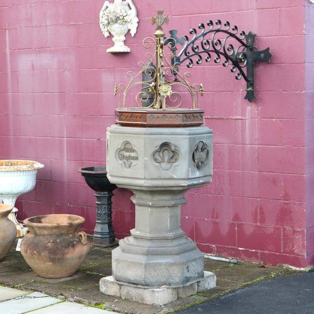 Metal Antique Gothic Hardstone, Brass, Oak & Wrought Iron Baptismal With Boom 19thC For Sale - Image 7 of 17