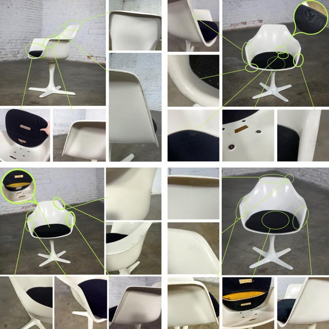 Mid-20th Century Mid Century Modern Burke Tulip Swivel No 116 Armchairs White Shell Black Cushions Set of 4 For Sale - Image 14 of 18