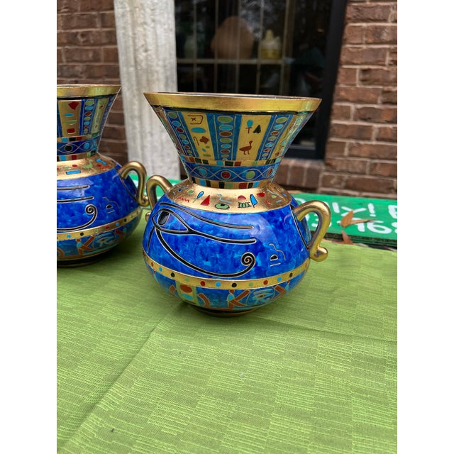 Traditional Pair of 1970s Egyptian Blue and Gold Vases For Sale - Image 3 of 3
