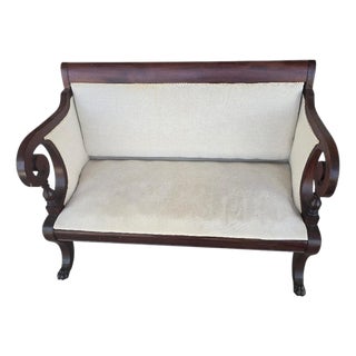 Antique Empire Mahogany Scroll Arm Horsehair Upholstered Settee, Circa 1840–1860 For Sale