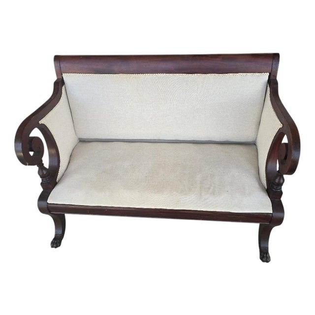 Antique Empire Mahogany Scroll Arm Horsehair Upholstered Settee, Circa 1840–1860 For Sale