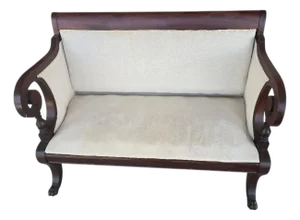 Antique Empire Mahogany Scroll Arm Horsehair Upholstered Settee, Circa 1840–1860