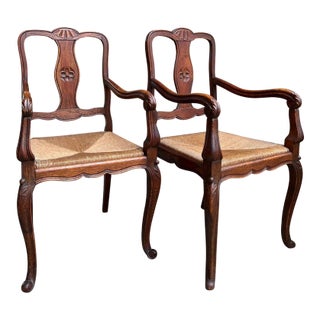 Pair Antique French Country Carved Oak Dining Arm Chair Rush Seat Set of 2 For Sale