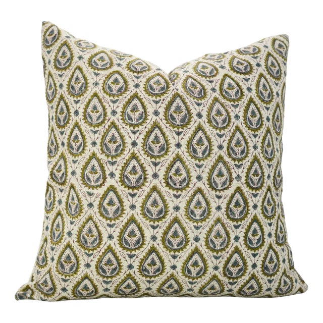 Fabdivine Handcrafted Block Print Cushion Cover 16x16 Inch Viscose Linen-Pan Patti For Sale