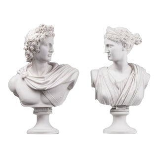 Pair of Vintage Greek Apollo and Diana Busts in Carrara Marble For Sale