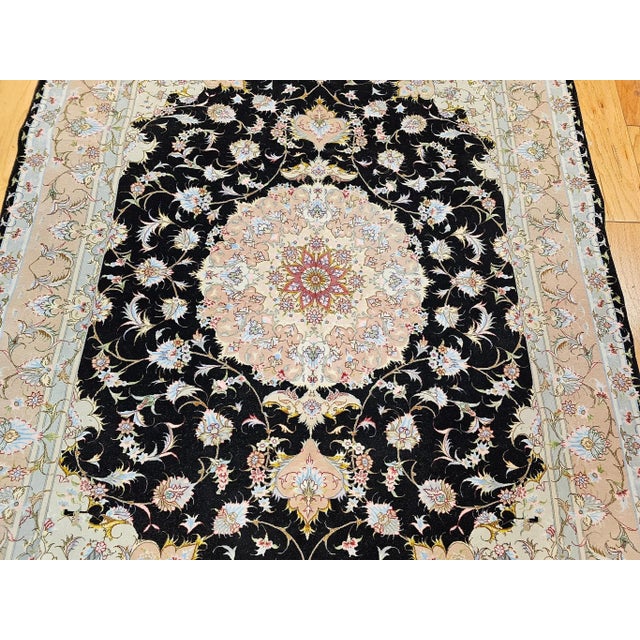 Textile Persian Tabriz Rug, Handwoven Floral Pattern With Silk Highlights, Black & Ivory, 7’ X 10’ For Sale - Image 7 of 12