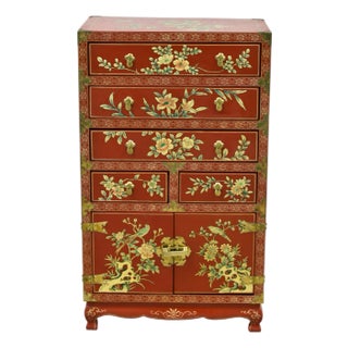 1980s Chinoiserie Red Lacquer Five-Drawer Storage Cabinet For Sale