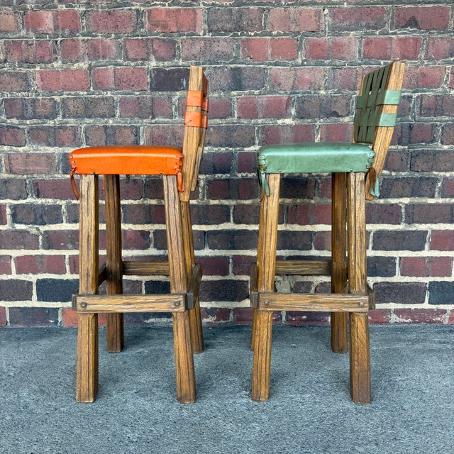 Wood Pair of Ranch Oak Rustic Leather and Wood Bar Stools For Sale - Image 7 of 12
