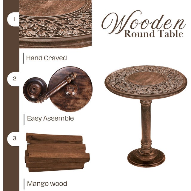 Handcrafted Mango Wood Round Pedestal End Accent Table For Sale - Image 4 of 7