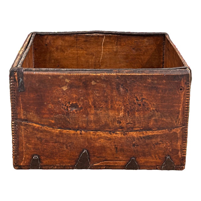 Antique 19th Century Dovetailed Wooden Storage Box With Iron Reinforcements For Sale
