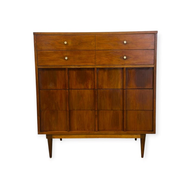 Wood Vintage Mid-Century Modern Highboy Dresser Dovetailed Drawers Brass Finished Pulls. For Sale - Image 7 of 12