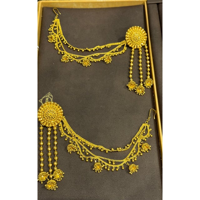 2020s 22k Gold Drop Earrings With 'Attached' Champasaralu / Ear Chains, 72 Gm For Sale - Image 5 of 8