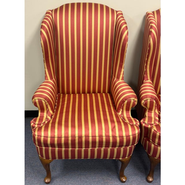 Queen Anne Late 20th Century Striped Upholstered Wingback Chairs- A Pair For Sale - Image 3 of 12