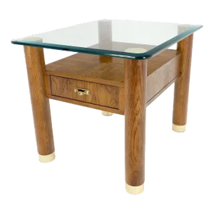 Heavy Solid Oak Cylinder Legs Brass Tips Hardware One Drawer Glass Top End Table