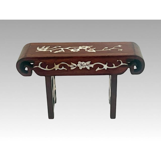 Wood Collection of Miniature Chinese Hand Carved Rosewood Dolls House Furniture Inlaid With Mother of Pearl, 13 Pieces (Seating, Dining & Display) For Sale - Image 7 of 11