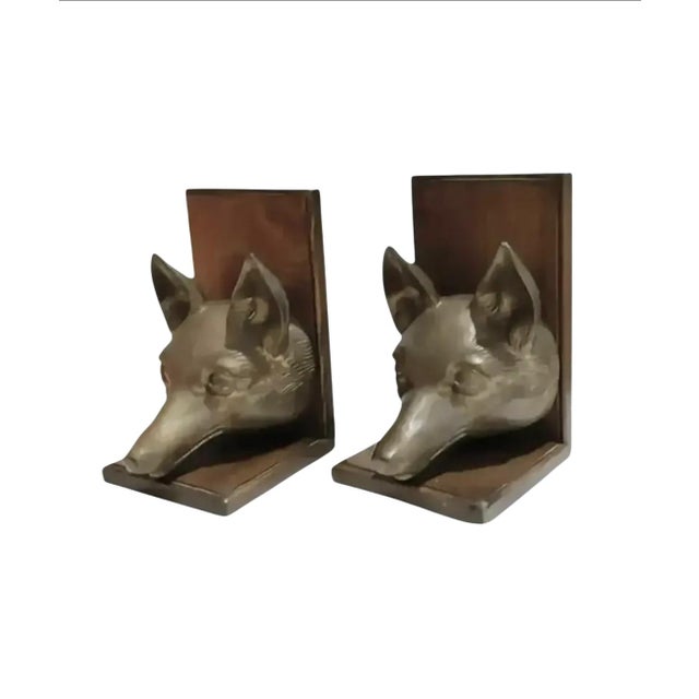 Wood Pair of 1970s Sarreid Ltd. Brass Fox Head Bookends For Sale - Image 7 of 7