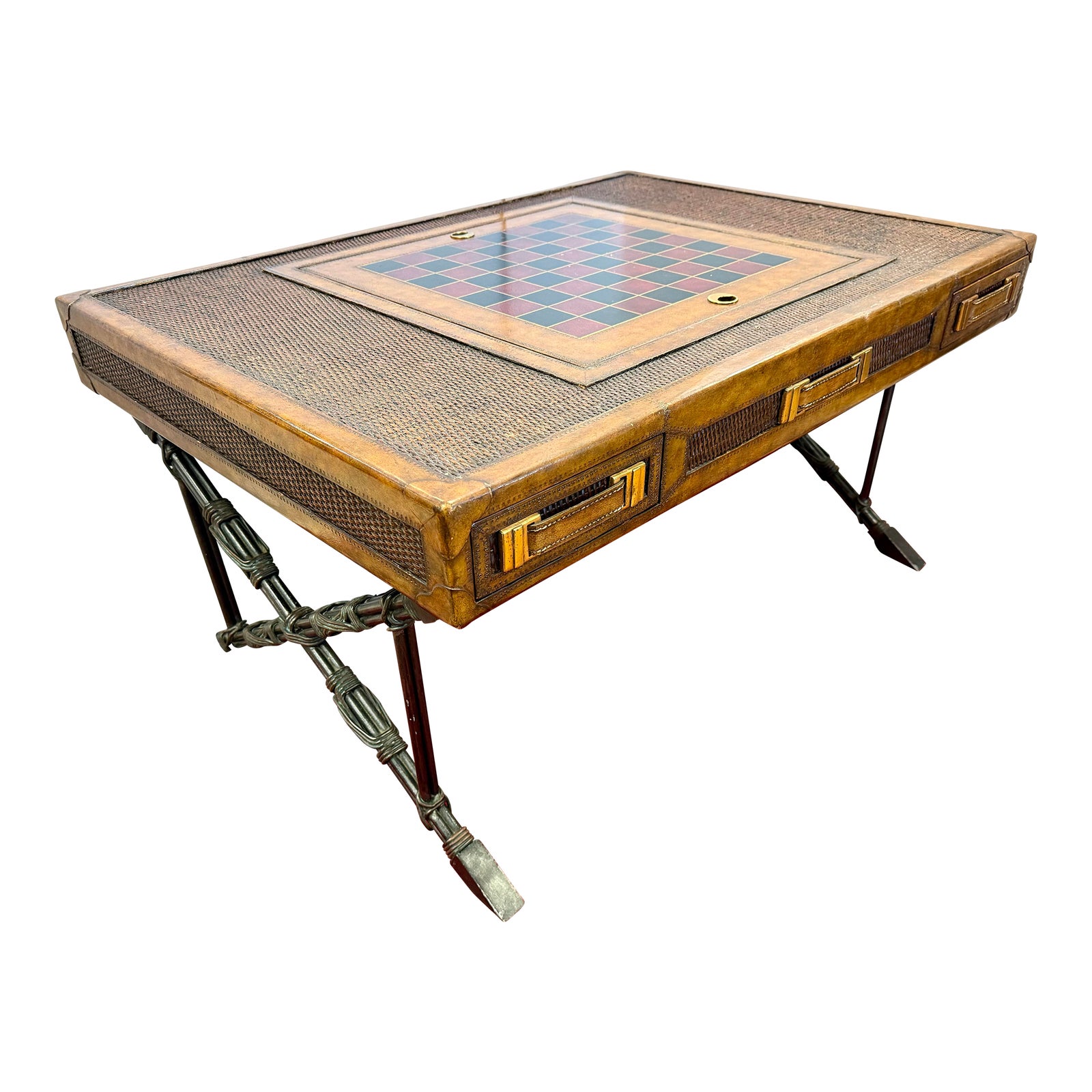 Maitland Smith Leather and Rattan Game Table Coffee Table | Chairish