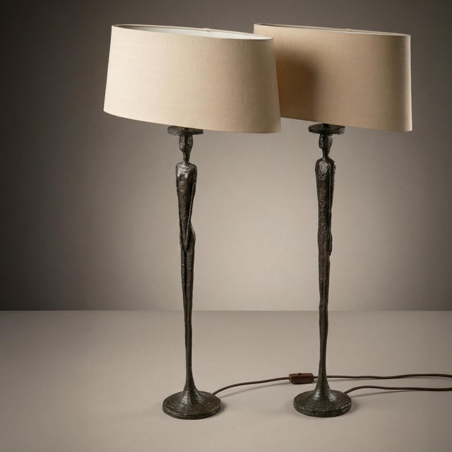 Metal Giacometti Form Table Lamps in Bronze Finish by Porta Romana - Pair For Sale - Image 7 of 11