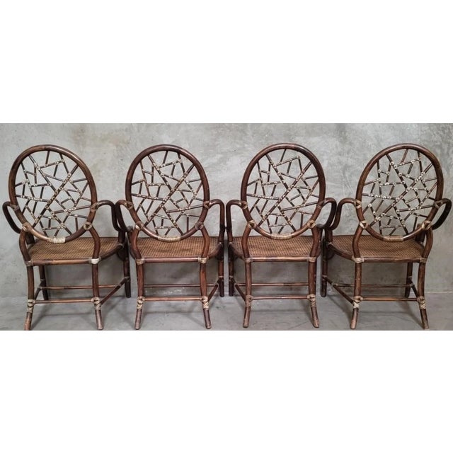 English Set of 4 Vintage McGuire Bamboo & Rattan Cracked-Ice Dining Armchairs by Elinor McGuire For Sale - Image 3 of 9