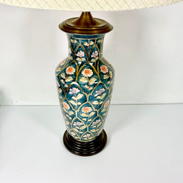Mid 20th Century Mid 20th Century Chinoiserie Boho Chic Hollywood Regency Ceramic Flora Botanical Table Lamp, Textile Shade For Sale - Image 5 of 18